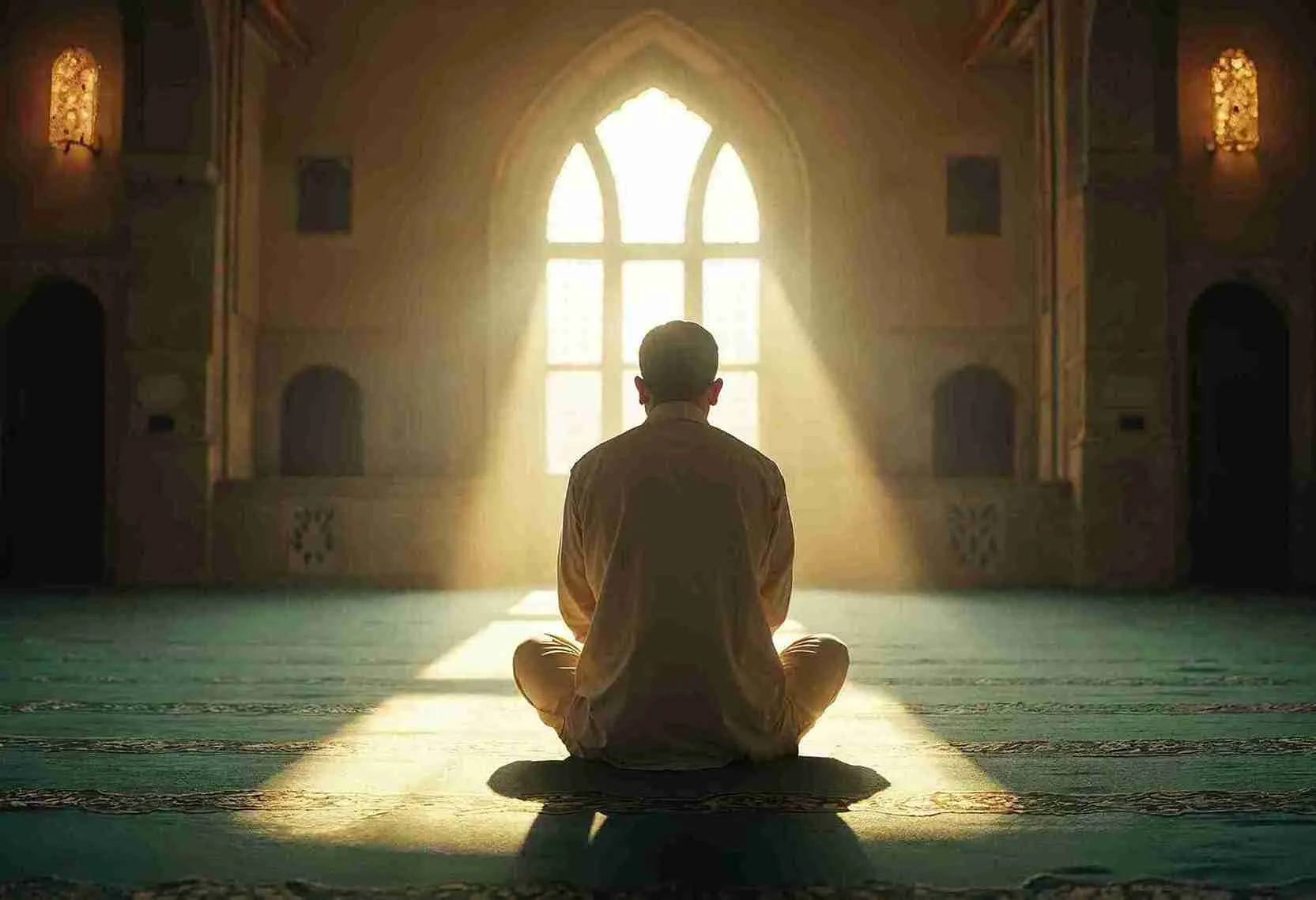 A person sitting in contemplation inside a mosque